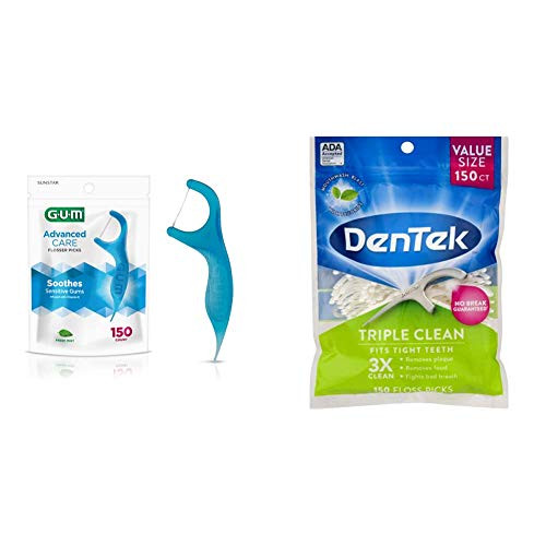 Sunstar 888JC GUM Advanced Care Flossers Fresh Mint Vitamin E and Fluoride 150 Count -Packaging May Vary- and DenTek Triple Clean Floss Picks - No Break Guarantee - 150 Count Sunstar 888JC GUM Advanced Care Flossers Fresh Mint Vitamin E and Fluoride 150 Count -Packaging May Vary- and DenTek Triple Clean Floss Picks - No Break Guarantee - 150 Count