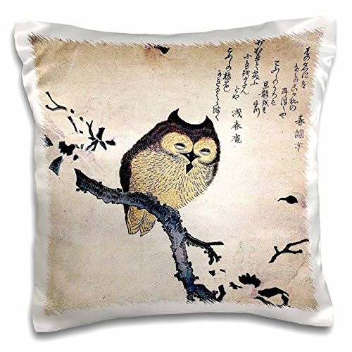 3D Rose Image of Ancient Japanese Wood Cut Painting of an Owl Pillow Case 16" x 16"