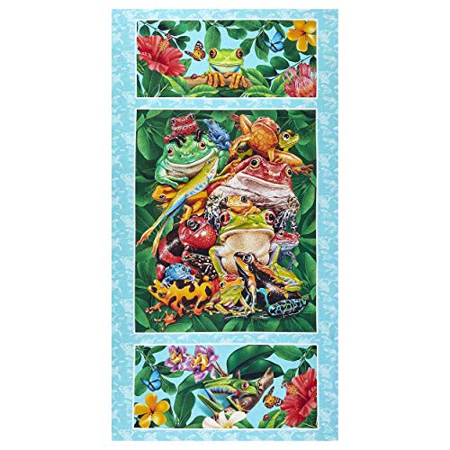 Studio E Fabrics Jewels of The Jungle Digital Frog Banner 24'' Panel Fabric Cerulean