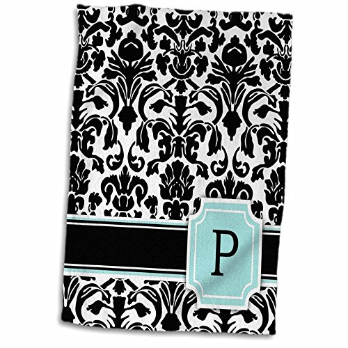 3D Rose Letter P Monogrammed Mint Blue Black and White Damask Pattern-Classy Personalized Initial Towel 15" x 22" Multicolor