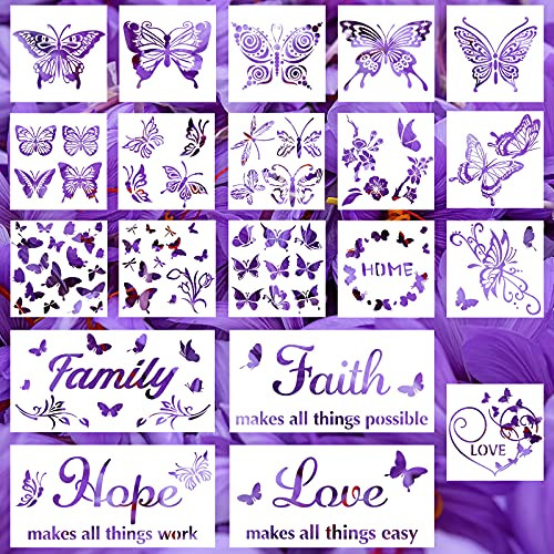 20 Pieces Butterfly Family Word Sign Stencils Include 16 Butterfly Art Painting Stencils Template 4 Reusable Family Word Stencils Plastic Inspirational Quote Sign Stencils for DIY Home Decor