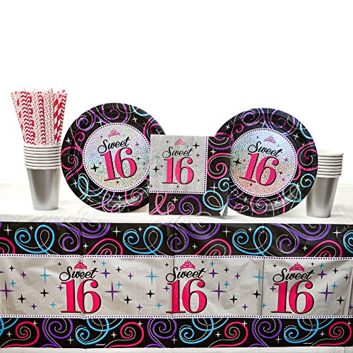 Cedar Crate Market Sweet Sixteen Party Supplies Pack for 16 Guests: Straws, Dinner Plates, Luncheon Napkins, Table Cover, and Cups