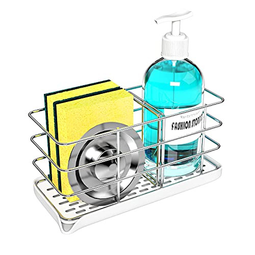 Sponge Holder for SinkStainless Steel Kitchen Sink Organizer Kitchen Soap Dispenser Caddy Dish Soap Holder Sink Tray Drainer Rack for Countertop Or Wall-Stick with Dish Drainer Keep Dry