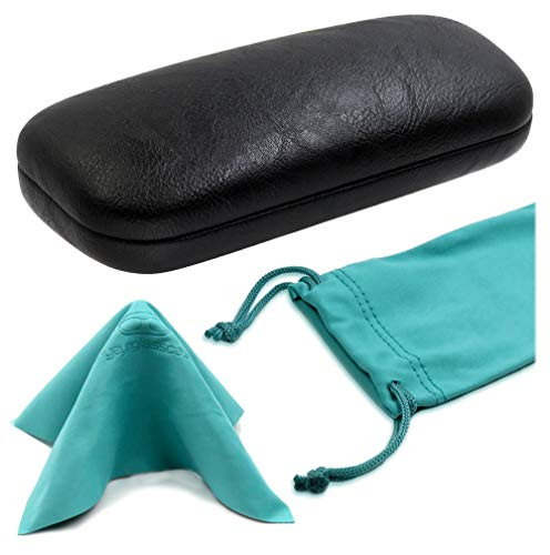 Hard eyeglass case - Glasses Case Hard Shell with Microfiber Drawstring Pouch and Cleaning Cloth - Protective Small sunglasses case for women by MyEyeglassCase -AS126 Black-Turquoise-