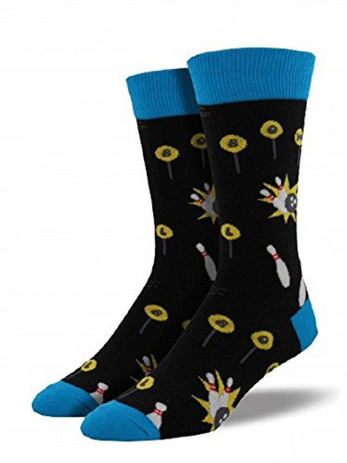 Socksmith Mens Novelty Bowling Crew Socks"Spare Time" - Black