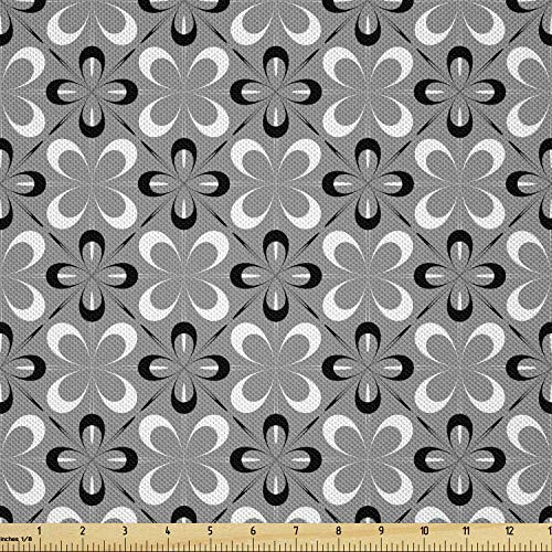 Lunarable Grey and White Fabric by The Yard Abstract Flowers Mosaic Tile Pattern with Ornate Daisy Petal Outlines Decorative Satin Fabric for Home Textiles and Crafts 1 Yard Black White