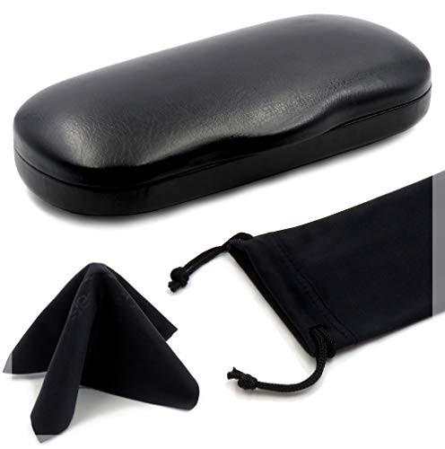 Men Hard Eyeglass Cases with Drawstring Pouch  and  Microfiber Cleaning Cloth - Black Eyeglass case - Glasses case hard shell for Small to Medium Frames - Hard Glasses case -AS196 Black-