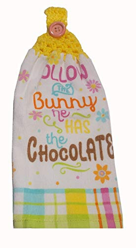 Handcrafted Yellow Crochet Topped Follow the Bunny Chocolate Kitchen Towel