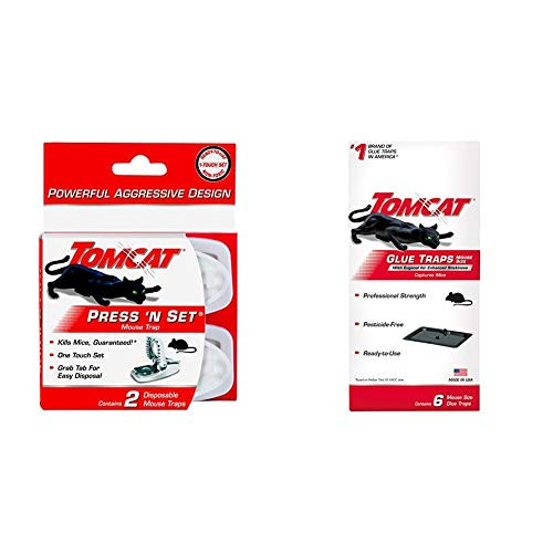 Tomcat Press 'N Set Mouse Trap 2 Traps  and  Glue Traps Mouse Size with Eugenol for Enhanced Stickiness Captures Mice and Other Household Pests Pesticide-Free and Ready-to-Use 6 Glue Traps