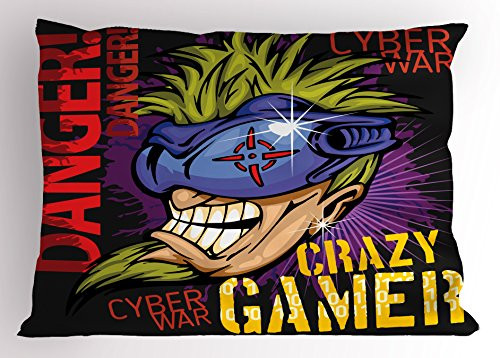 Lunarable Gamer Pillow Sham Crazy Gamer Words with Futuristic Controller with Purple Paint Splashes Background Decorative Standard Size Printed Pillowcase 26" X 20" Black Red Lunarable Gamer Pillow Sham Crazy Gamer Words with Futuristic Controller with Purple Paint Splashes Background Decorative Standard Size Printed Pillowcase 26" X 20" Black Red