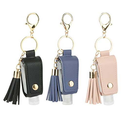 Beautyflier Hand Sanitizer HolderSet of 3 PU Leather Keychain Holder with 30ml Portable Squeeze Empty Bottle for Hand Sanitizer Essential Oil Refillable Bottle -30ml-