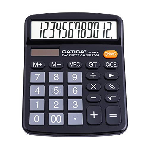 Desktop Calculator 12 Digit with Large LCD Display and Sensitive Button Solar and Battery Dual Power Standard Function for Office Home School CD-2786 -Black-