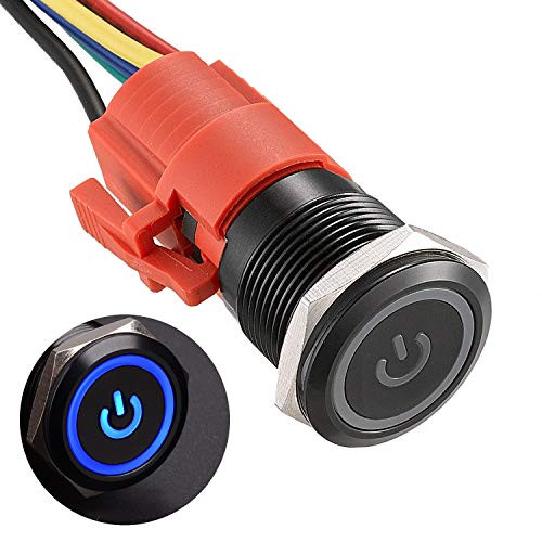APIELE 19mm Latching Push Button Switch 3-4" 12V DC Black Shell Power Symbol LED with Socket Plug 1NO1NC SPDT ON-Off -Blue-Black Shell-