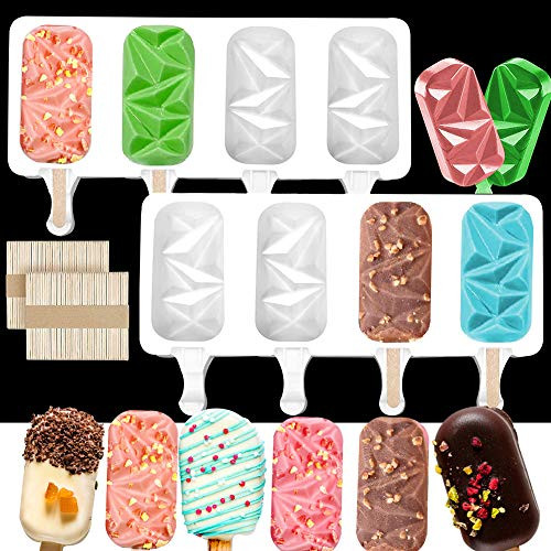 2Pcs Silicone Popsicles Mold 4 Cavities Diamond Ice Cream Pop Molds with 100 Wooden Sticks Reusable Homemade Chocolate Cakesicle Molds Easy Off Popsicle Maker for DIY Ice Popsicle