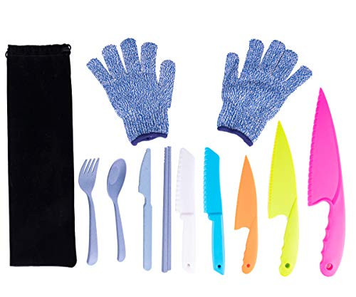 Fansisco 8 Pieces Kid Plastic Kitchen Knife Set Children's Safe Cooking Knives Set with Cut Resistant Gloves -Ages 6-12- Kids Safe Knife for Fruit Bread Cake Lettuce Salad -Blue-