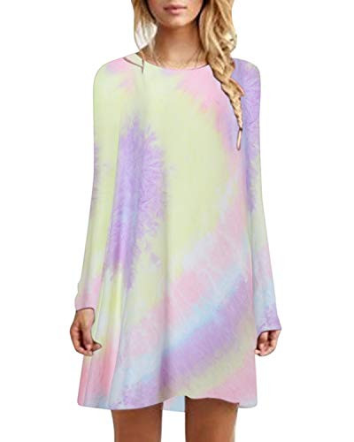 YOINS Women Mini Dresses Long Sleeve Casual Loose Tunic Plain Simple T-Shirt Mini Dress Colorful-Blue Small