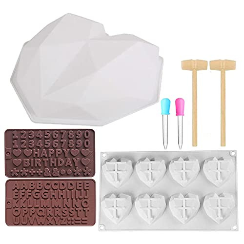 Heart Silicone Cake Mold Letter Number Chocolate Molds with Wooden Hammers and Droppers for Home Kitchen DIY Tools -Diamond Heart Silicone Molds- Heart Silicone Cake Mold Letter Number Chocolate Molds with Wooden Hammers and Droppers for Home Kitchen DIY Tools -Diamond Heart Silicone Molds-