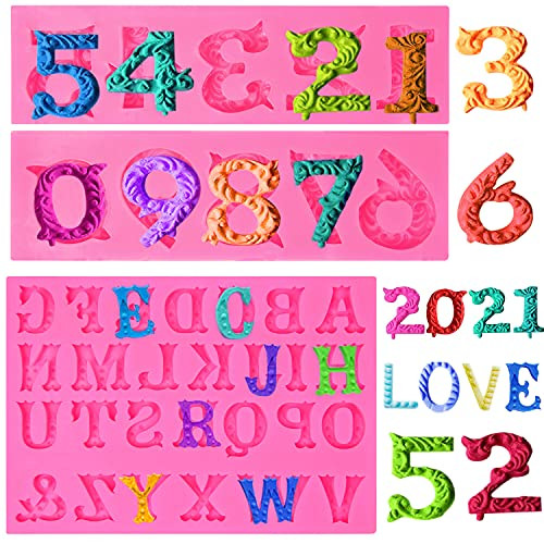 3 Pieces Letters Molds and Numbers Molds Number 0-9  and  Alphabet A-Z 3D Silicone Embossed Fondant Mold with Letter Chocolate Silicone Mold Cake Decoration Tools for Birthday Party Anniversary