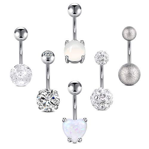 Anicina Belly Rings for Women 14G Stainless Steel Belly Button Rings CZ Opal Navel Ring Barbell Belly Piercing Jewelry Silver