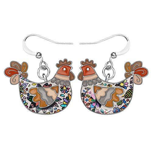 DUOWEI Floral Rooster Chicken Earrings Alloy Enamel Farm Drop Dangle Jewelry Gift for Women Lady -Brown-