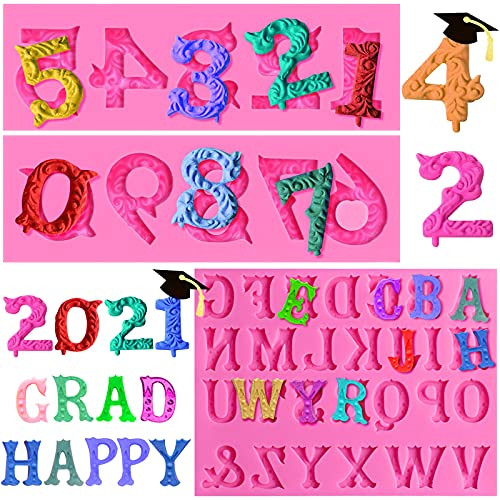 Amurgo 3 Pieces Number Letter Molds for Chocolate Fondant Cake Decorating Number 0-9  and  Alphabet A-Z 3D Embossed Silicon Mold for Handmade Soap Lollipop Graduation Congrats Grad Party