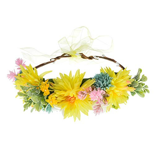 Funsveta Women Rose Flower Headband Floral Crown Garland Halo Wedding Festivals Photo Props -Green Leaf and Yellow-