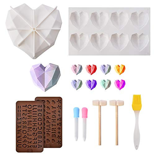 Silicone Diamond Heart Cake Mold 8 Cavities Heart Shaped Chocolate Molds 3D Baking Pan Set with Wooden Hammers and Letter Number Molds for Mousse Dessert Fondant Cake DIY Baking