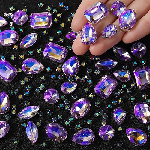 156 Pieces Clear Sew On Glass Rhinestones Metal Prong Setting Flatback Rhinestones Sewing Claw Crystals Rhinestones Mixed Shapes for Craft Clothes Shoes Dress Jewelry Making -Crystal Purple AB-