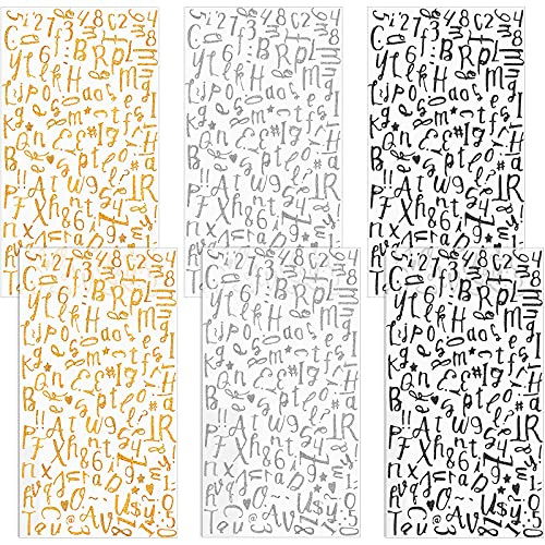 6 Sheets Heat Transfer Glitter Stickers Include 924 Adhesive Iron-on Letters Number Appliques Three-Dimensional Iron on Alphabet Symbol for T-Shirt Clothes Bags DIY Craft Decor -Black Gold Silver-