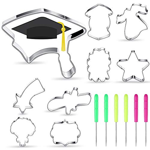 9 Pieces Graduation Cookie Cutters Sandwich Molds Cutters Stainless Steel Fondant Cutters with Graduation Cap Gown Bouquet Diploma Star Shape and 6 Pieces Sugar Stirring Pins for Graduation Party