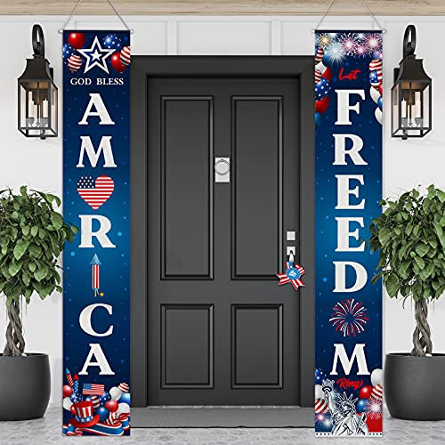 4th of July Patriotic Porch Sign Independence Day Banners Let Freedom Ring and God Bless America Hanging Banner Patriotic Door Decor for Independence Memorial Day Yard Indoor Outdoor Decor Hanging