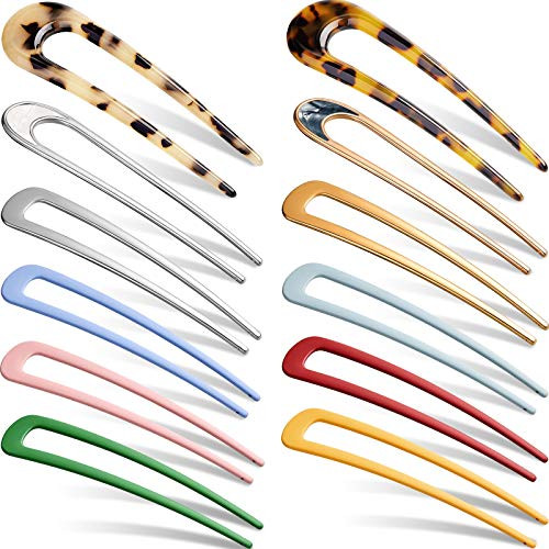12 Pieces Metal U Shaped Hair Pins French Style Hair Stick Tortoise Shell Hair Fork Clips Hairpin Vintage Hair Stick Fork Chignon Pins Hair Chopsticks for Woman Girls Hair Accessories