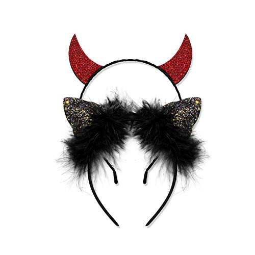 LENOOCLE Halloween Headbands for Women Glitter Sequin Cat Ears Headband Rhinestone Horns Headband Halloween Hair Hoop Hairwear Jewelry -Red Horn and Black Cat Ears-