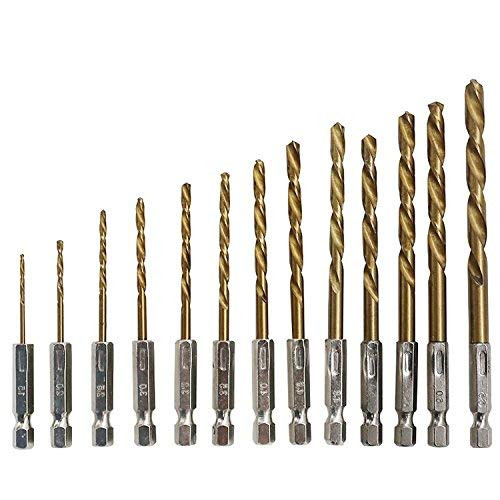 13Pcs Hex Shank HSS Titanium Coated Twist Drill Bit Set Woodworking Tool for Plastic Wood-1.5-6.5mm-