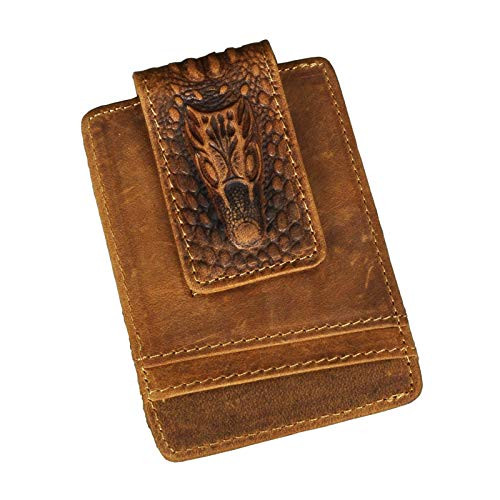 Le'aokuu Mens Genuine Leather Cowhide Magnet Money Clip Credit Case Case Holder Slim Wallet -X Crocodile Embossed Light Brown-