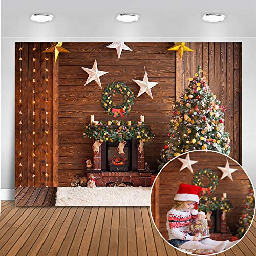 Mocsicka Christmas Photography Backdrop Fireplace Xmas Tree Wood Background Xmas Eve Holiday Party Supplies Cake Table Banner Home Decoration Portraits Photo Booth Studio Prop -7x5ft-
