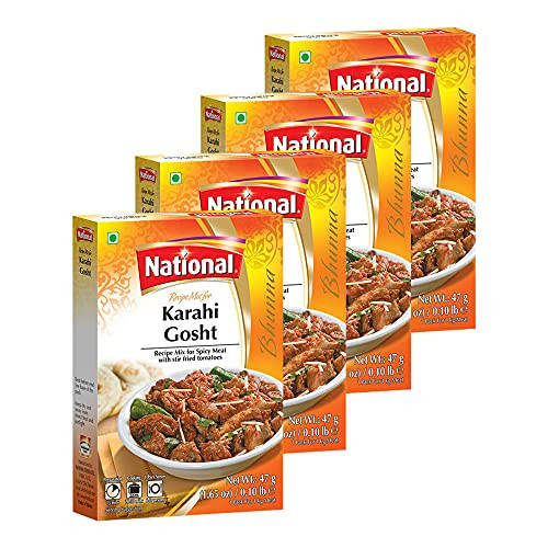National Foods Karahi Gosht Recipe Mix 1.65 oz -47g- - Traditional Curry Spice Powder - Essential South Asian Dish - Meat Stew - Box Pack - Pack of 4 National Foods Karahi Gosht Recipe Mix 1.65 oz -47g- - Traditional Curry Spice Powder - Essential South Asian Dish - Meat Stew - Box Pack - Pack of 4