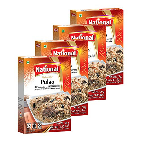 National Foods Pulao Recipe Mix 2.45 oz -70g- - South Asian Mixed Spice Powder - Meat Pilaf Seasoning - Traditional Food - Box Pack - Pack of 4 National Foods Pulao Recipe Mix 2.45 oz -70g- - South Asian Mixed Spice Powder - Meat Pilaf Seasoning - Traditional Food - Box Pack - Pack of 4