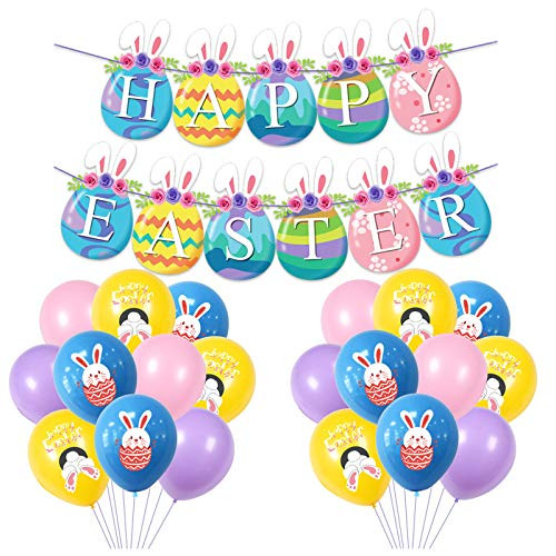 Easter Banner and Balloons Decorations 11 Pieces Happy Party Easter Banner 20 Pieces Easter Bunny Balloons For Easter Home Party Decor Favors