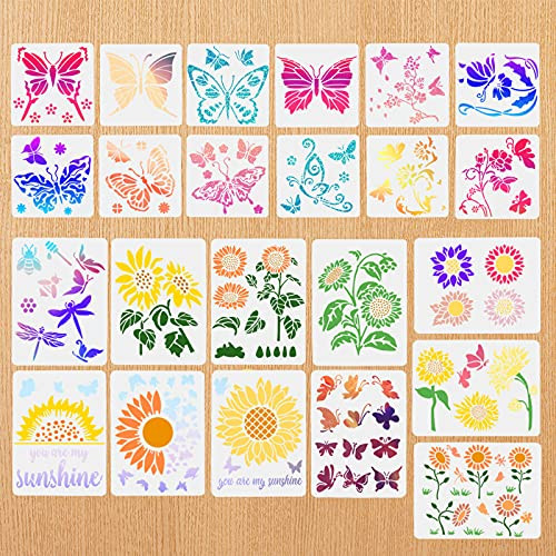 ORNOOU 23 Pieces Butterfly Sunflower Bee Dragonfly Stencils Spring Summer Reusable Plastic Craft Painting Stencils Template for DIY Painting Art Scrapbook and Wall Floor Craft Drawing Decoration