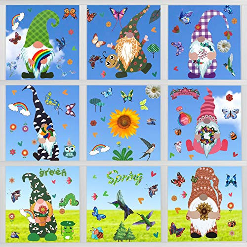 Unves Spring Window Clings for Glass Windows 9 Sheets Gnome Easter Window Clings Hummingbird Butterfly Summer Window Clings Stickers Decals for Home Office Kids School Party Supplies