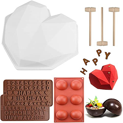 Chocolate Heart Mold Diamond Heart Mousse Cake Mold Letter- Number mold for Candy Chocolate 6 Holes Silicone Mold Breakable Chocolate Heart Mold with Hammer for Home Kitchen DIY Baking Tools