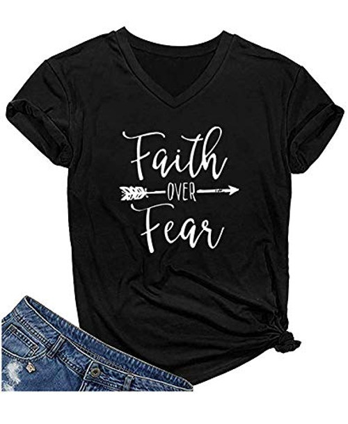 Qrupoad Womens Faith Over Fear V Neck T Shirts Fall Casual Christian Short Sleeve Graphic Tees Tops Black