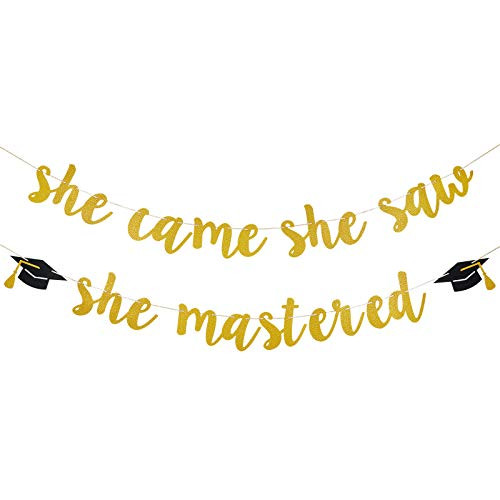 Graduation Decorations 2021- Gold Glitter She Came She Saw She Mastered BannerAdventure Begins Decorations Graduation Party Favors Graduation Party Supplies 2021