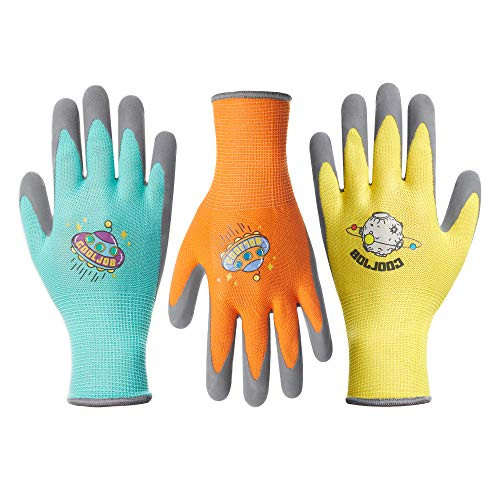 COOLJOB 3 Pairs Kids Gardening Gloves for Age 9-12 Grippy Rubber Coated Garden Work Gloves for Children Orange  and  Green  and  Yellow Large Size -3 Pairs L-