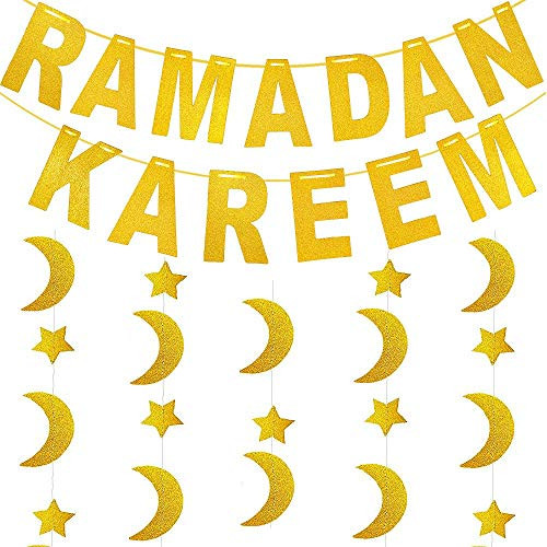 Ramadan Decorations for Home Ramadan Kareem Banner with Gold Glitter Moon Stars Garland for Eid Mubarak Decor Ramadan Decorations for Home Ramadan Kareem Banner with Gold Glitter Moon Stars Garland for Eid Mubarak Decor