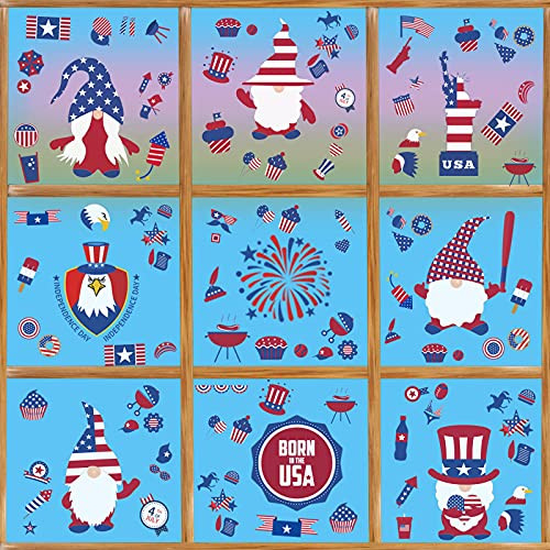 9 Sheets 4th of July Patriotic Gnome Clings Independence Day Window Stickers DecorationsLarge Removable Window Decal Stickers for Home Fridge Kitchen Office Decorations Party Supplies