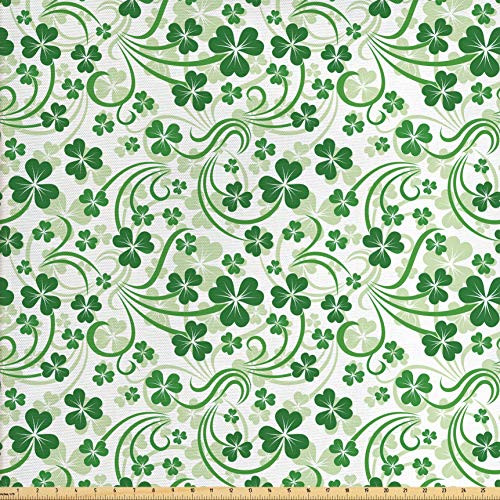 Lunarable Shamrock Fabric by The Yard, Lucky Celtic Clovers Swirls Monochrome Irish Design St Patrick's Day, Decorative Fabric for Upholstery and Home Accents, 1 Yard, Pale Green and Emerald