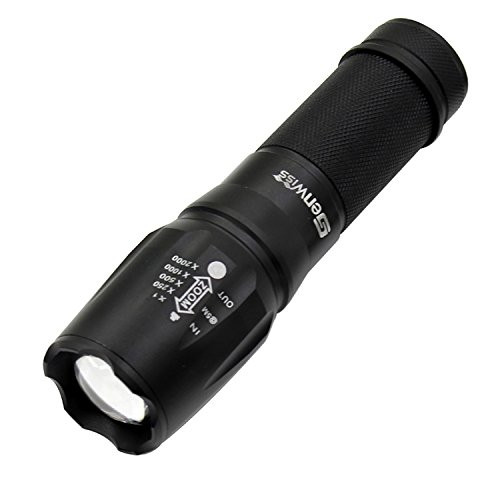Genwiss LED Tactical Portable Ultra Mini Flashlight Flashlights Adjustable Focus, 5 Modes, XML T6 1200 Lumen Outdoor Handheld Small Torch with Powered Rechargeable 1 x 18650 Battery and Charger