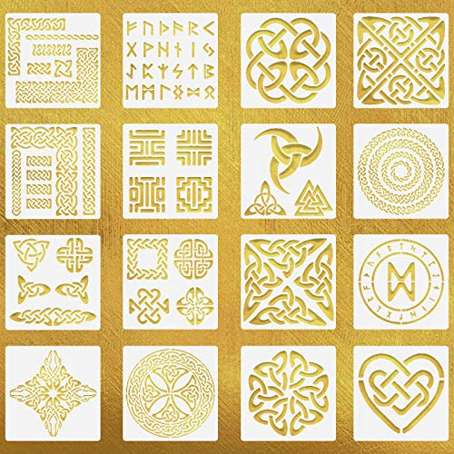 16 Pieces Celtic Knot Stencils 7.87 Inch Viking Symbol Painting Templates Reusable Celtic Symbol Stencil DIY Scrapbooking Drawing Template for Wall  and  Furniture Decoration